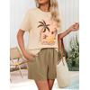 imageZESICA Womens 2025 Summer 2 Piece Lounge Set Short Sleeve Graphic Print Tops and Shorts Outfits with PocketsKhaki