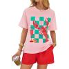 imageZESICA Womens 2025 Summer 2 Piece Lounge Set Short Sleeve Graphic Print Tops and Shorts Outfits with PocketsRed