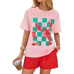 imageZESICA Womens 2025 Summer 2 Piece Lounge Set Short Sleeve Graphic Print Tops and Shorts Outfits with PocketsRed