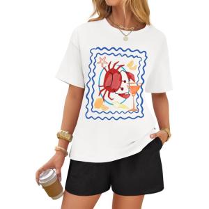 imageZESICA Womens 2025 Summer 2 Piece Lounge Set Short Sleeve Graphic Print Tops and Shorts Outfits with PocketsWhite