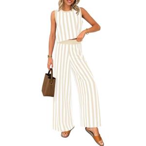 imageZESICA Womens Summer Two Piece Outfits Crop Tank Tops and Wide Leg Pants Striped Lounge Beach Travel SetsApricot