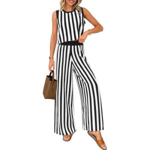 imageZESICA Womens Summer Two Piece Outfits Crop Tank Tops and Wide Leg Pants Striped Lounge Beach Travel SetsBlack