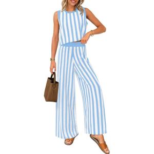 imageZESICA Womens Summer Two Piece Outfits Crop Tank Tops and Wide Leg Pants Striped Lounge Beach Travel SetsBlue
