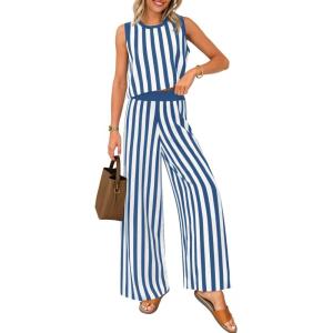 imageZESICA Womens Summer Two Piece Outfits Crop Tank Tops and Wide Leg Pants Striped Lounge Beach Travel SetsDustyblue