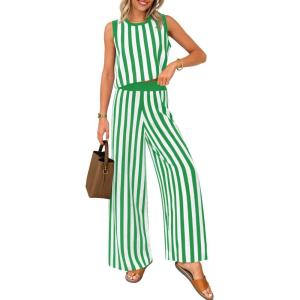 imageZESICA Womens Summer Two Piece Outfits Crop Tank Tops and Wide Leg Pants Striped Lounge Beach Travel SetsGreen