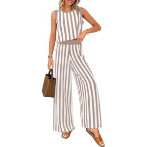 imageZESICA Womens Summer Two Piece Outfits Crop Tank Tops and Wide Leg Pants Striped Lounge Beach Travel SetsKhaki