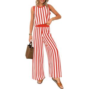 imageZESICA Womens Summer Two Piece Outfits Crop Tank Tops and Wide Leg Pants Striped Lounge Beach Travel SetsRust