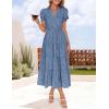 imageZESICA Womens 2025 Summer Puff Short Sleeve Midi Dress Floral V Neck Textured Ruffle Flowy Beach Party DressesBlue