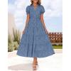 imageZESICA Womens 2025 Summer Puff Short Sleeve Midi Dress Floral V Neck Textured Ruffle Flowy Beach Party DressesBlue