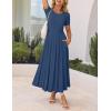 imageZESICA Womens Summer Short Sleeve Maxi Dress 2025 Casual Crewneck Pleated A Line Flowy Long Dresses with PocketsNavy