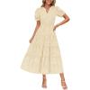 imageZESICA Womens 2025 Summer Puff Short Sleeve Midi Dress Floral V Neck Textured Ruffle Flowy Beach Party DressesApricot