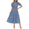 imageZESICA Womens 2025 Summer Puff Short Sleeve Midi Dress Floral V Neck Textured Ruffle Flowy Beach Party DressesBlue