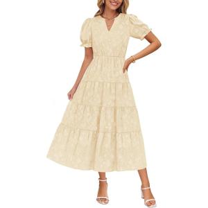 imageZESICA Womens 2025 Summer Puff Short Sleeve Midi Dress Floral V Neck Textured Ruffle Flowy Beach Party DressesApricot