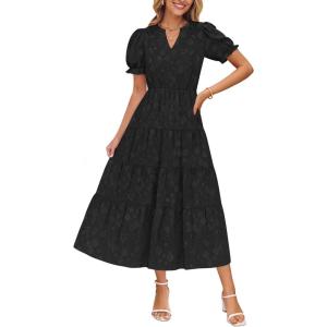 imageZESICA Womens 2025 Summer Puff Short Sleeve Midi Dress Floral V Neck Textured Ruffle Flowy Beach Party DressesBlack