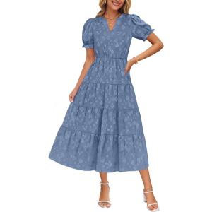 imageZESICA Womens 2025 Summer Puff Short Sleeve Midi Dress Floral V Neck Textured Ruffle Flowy Beach Party DressesBlue