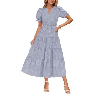imageZESICA Womens 2025 Summer Puff Short Sleeve Midi Dress Floral V Neck Textured Ruffle Flowy Beach Party DressesDustyblue