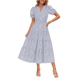imageZESICA Womens 2025 Summer Puff Short Sleeve Midi Dress Floral V Neck Textured Ruffle Flowy Beach Party DressesDustytaro