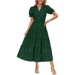 imageZESICA Womens 2025 Summer Puff Short Sleeve Midi Dress Floral V Neck Textured Ruffle Flowy Beach Party DressesGreen
