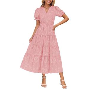 imageZESICA Womens 2025 Summer Puff Short Sleeve Midi Dress Floral V Neck Textured Ruffle Flowy Beach Party DressesPink