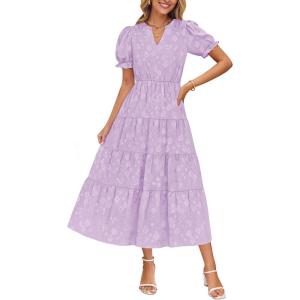 imageZESICA Womens 2025 Summer Puff Short Sleeve Midi Dress Floral V Neck Textured Ruffle Flowy Beach Party DressesPurple
