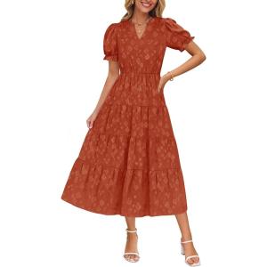 imageZESICA Womens 2025 Summer Puff Short Sleeve Midi Dress Floral V Neck Textured Ruffle Flowy Beach Party DressesRust