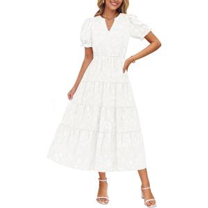 imageZESICA Womens 2025 Summer Puff Short Sleeve Midi Dress Floral V Neck Textured Ruffle Flowy Beach Party DressesWhite