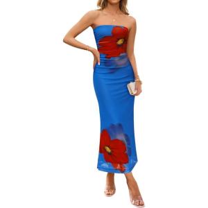 imageZESICA Womens Boho Floral Strapless Maxi Dress 2025 Summer Off Shoulder Bodycon Beach Party Long DressesBlue