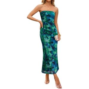 imageZESICA Womens Boho Floral Strapless Maxi Dress 2025 Summer Off Shoulder Bodycon Beach Party Long DressesGreen