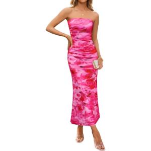 imageZESICA Womens Boho Floral Strapless Maxi Dress 2025 Summer Off Shoulder Bodycon Beach Party Long DressesPink