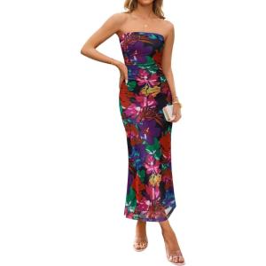 imageZESICA Womens Boho Floral Strapless Maxi Dress 2025 Summer Off Shoulder Bodycon Beach Party Long DressesPurple