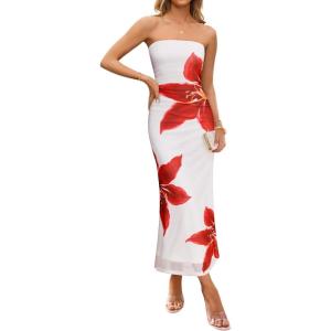 imageZESICA Womens Boho Floral Strapless Maxi Dress 2025 Summer Off Shoulder Bodycon Beach Party Long DressesWhite
