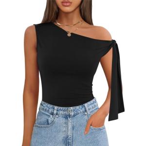 imageZESICA Womens Off Shoulder Tops 2025 Summer Sleeveless Knit Slim Fit Cute T Shirts Going Out Tank TopBlack