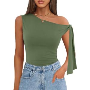 imageZESICA Womens Off Shoulder Tops 2025 Summer Sleeveless Knit Slim Fit Cute T Shirts Going Out Tank TopGreen