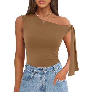 imageZESICA Womens Off Shoulder Tops 2025 Summer Sleeveless Knit Slim Fit Cute T Shirts Going Out Tank TopMocha