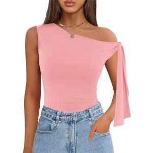 imageZESICA Womens Off Shoulder Tops 2025 Summer Sleeveless Knit Slim Fit Cute T Shirts Going Out Tank TopPink