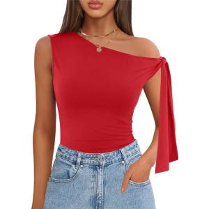 imageZESICA Womens Off Shoulder Tops 2025 Summer Sleeveless Knit Slim Fit Cute T Shirts Going Out Tank TopRed