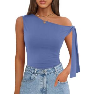 imageZESICA Womens Off Shoulder Tops 2025 Summer Sleeveless Knit Slim Fit Cute T Shirts Going Out Tank TopRoyal Blue