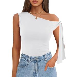 imageZESICA Womens Off Shoulder Tops 2025 Summer Sleeveless Knit Slim Fit Cute T Shirts Going Out Tank TopWhite