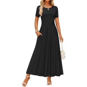 imageZESICA Womens Summer Short Sleeve Maxi Dress 2025 Casual Crewneck Pleated A Line Flowy Long Dresses with PocketsBlack