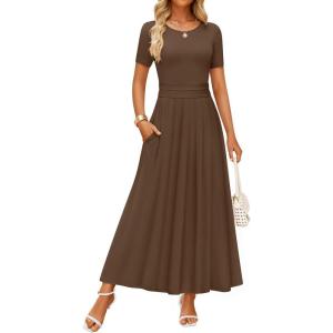imageZESICA Womens Summer Short Sleeve Maxi Dress 2025 Casual Crewneck Pleated A Line Flowy Long Dresses with PocketsCoffee