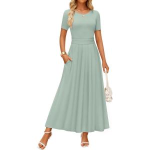 imageZESICA Womens Summer Short Sleeve Maxi Dress 2025 Casual Crewneck Pleated A Line Flowy Long Dresses with PocketsGreen