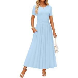 imageZESICA Womens Summer Short Sleeve Maxi Dress 2025 Casual Crewneck Pleated A Line Flowy Long Dresses with PocketsLight Blue
