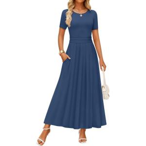 imageZESICA Womens Summer Short Sleeve Maxi Dress 2025 Casual Crewneck Pleated A Line Flowy Long Dresses with PocketsNavy