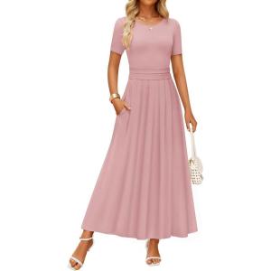 imageZESICA Womens Summer Short Sleeve Maxi Dress 2025 Casual Crewneck Pleated A Line Flowy Long Dresses with PocketsPink