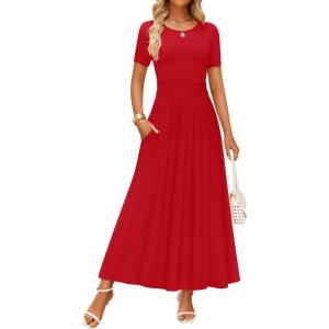 imageZESICA Womens Summer Short Sleeve Maxi Dress 2025 Casual Crewneck Pleated A Line Flowy Long Dresses with PocketsRed
