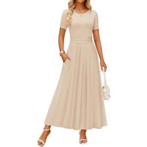 imageZESICA Womens Summer Short Sleeve Maxi Dress 2025 Casual Crewneck Pleated A Line Flowy Long Dresses with PocketsSandy