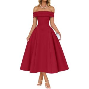 imageZESICA Cocktail Dresses for Womens Elegant Off Shoulder Short Sleeve Swing A Line Wedding Evening Party Midi DressRed
