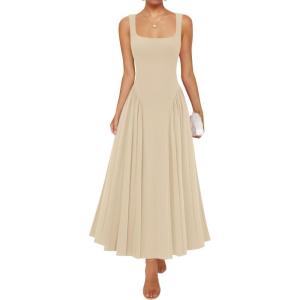 imageZESICA Womens 2025 Summer Sleeveless Square Neck Sundress Casual Long Flowy A Line Beach Vacation Maxi DressesApricot