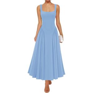 imageZESICA Womens 2025 Summer Sleeveless Square Neck Sundress Casual Long Flowy A Line Beach Vacation Maxi DressesBlue