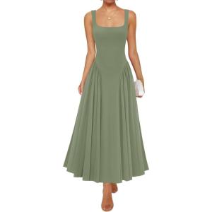 imageZESICA Womens 2025 Summer Sleeveless Square Neck Sundress Casual Long Flowy A Line Beach Vacation Maxi DressesGreen